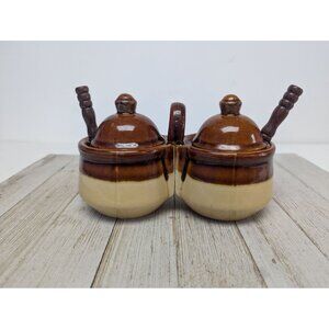 Vintage Brown Glazed Stoneware Double Condiment Sauce Pot W/ Lids Spoons Taiwan